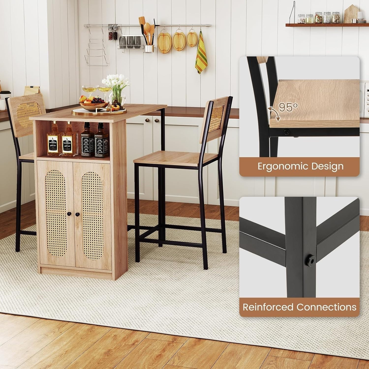 Bar Table Set with Storage Shelves & 2 Stools, Compact Rustic Breakfast Bar