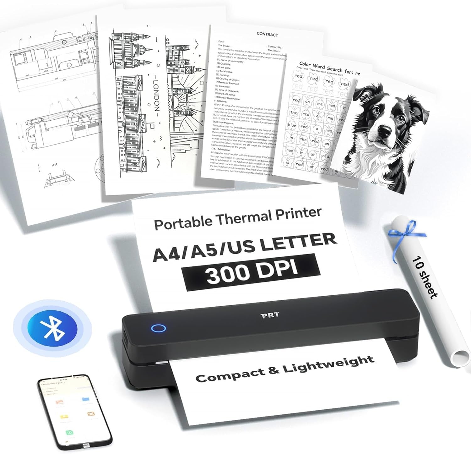 Portable A4 Thermal Printer 300DPI Wireless Inkless Travel