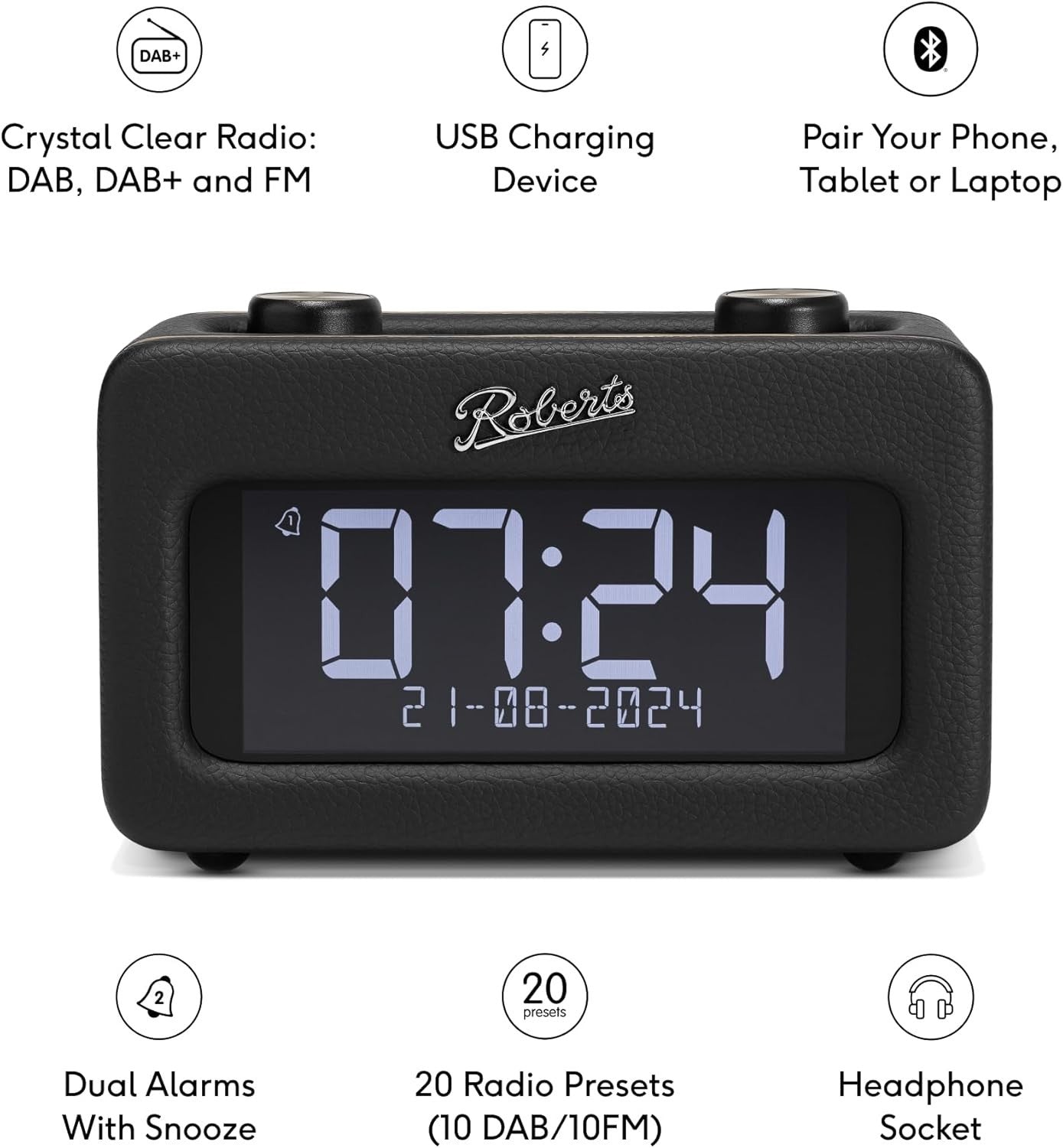 Retro DAB+/FM Digital Radio Bluetooth Black Portable Dual Alarm