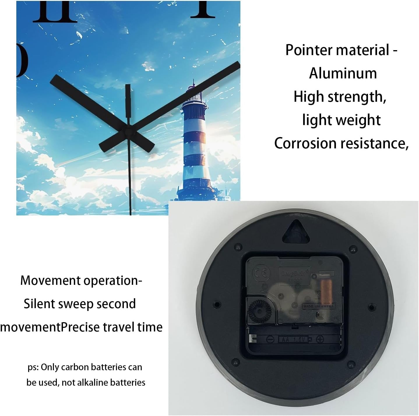 14" Blue Lighthouse Wall Clock Silent Non-Ticking Glass Nautical Home Decor