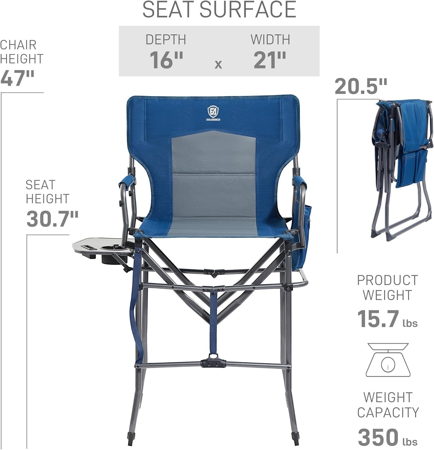 Tall Folding Directors Chair 76CM Seat Height w/ Side Table Camping Bar