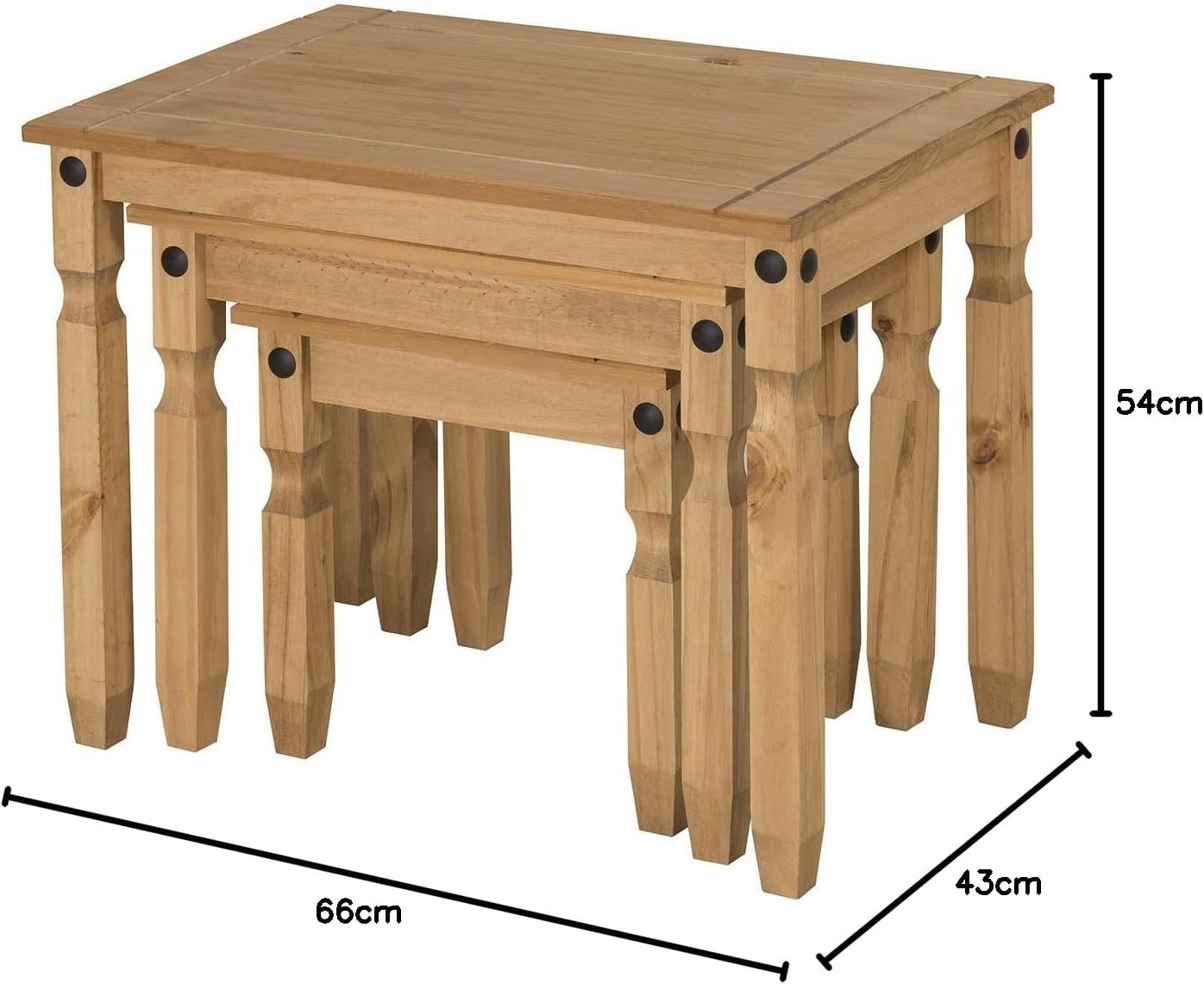 Nest of 3 Pine Wood Side Tables Brown Rustic Antique Wax Finish Easy Assembly