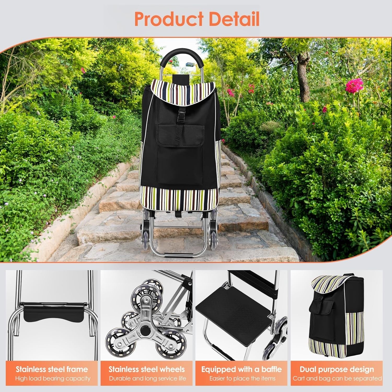 3 in 1 Foldable Shopping Trolley 6 Wheel Stair Climbing Insulated Bag
