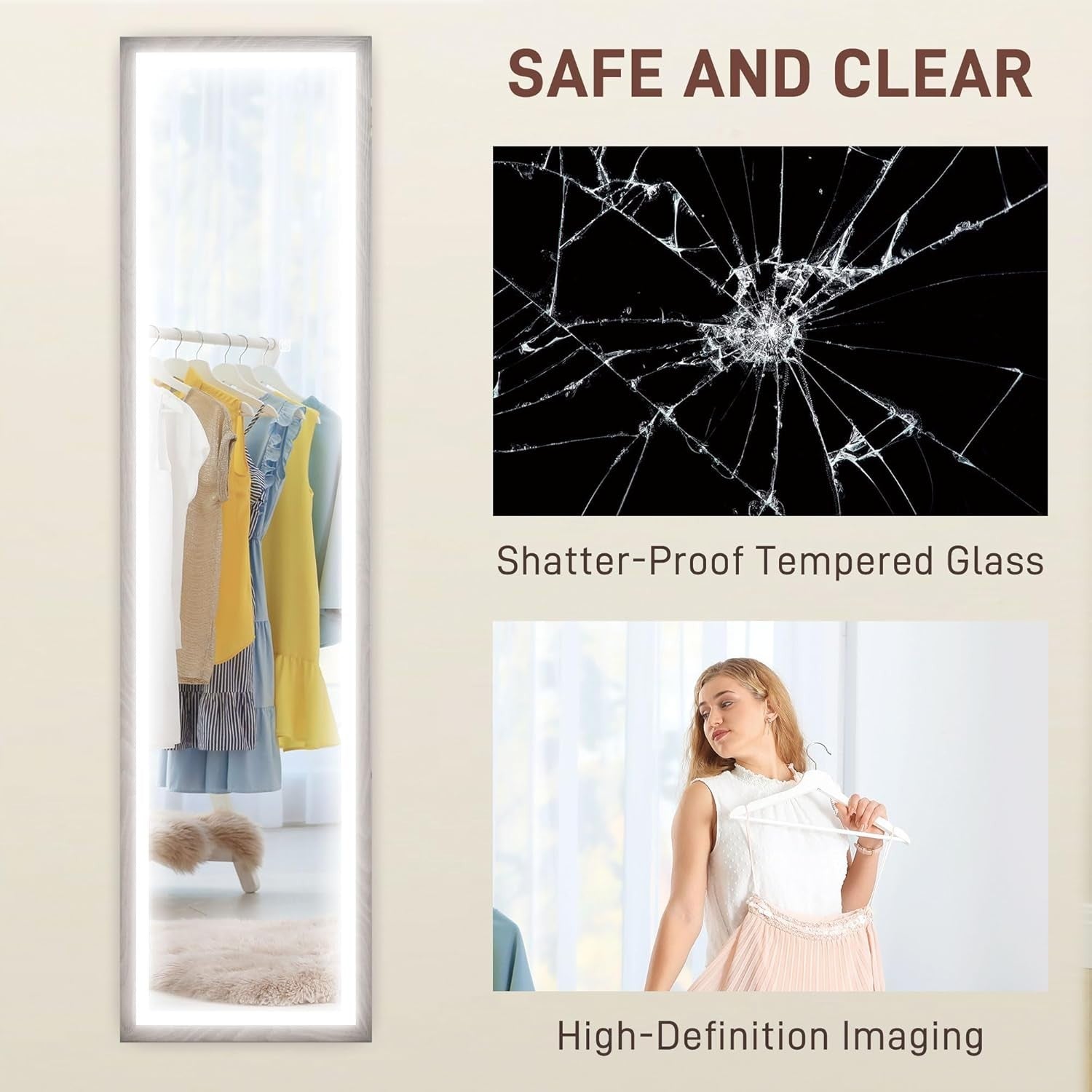 Full Length LED Mirror Wall Leaning Freestanding Dimmable Light Up