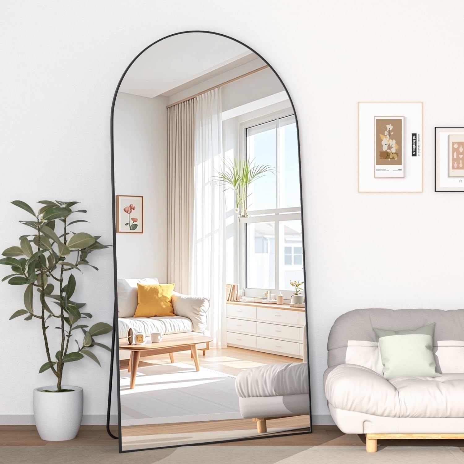 Large Arched Full Length Mirror 180x80cm Black Frame Wall or Floor Use