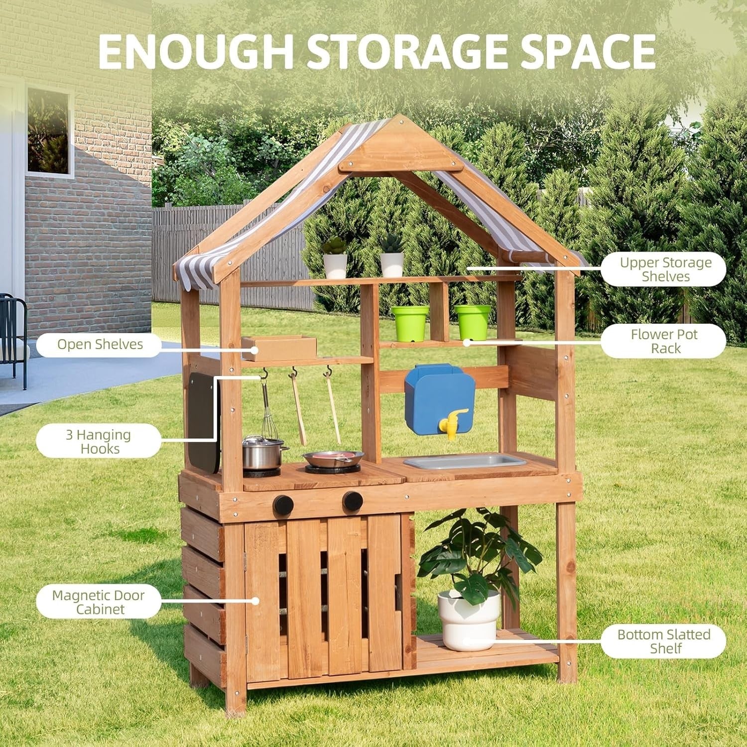 Outdoor Mud Kitchen Kids Wooden Playset Canopy Water Tank Garden
