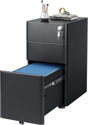 Black 3 Drawer Lockable File Cabinet 45x30x59cm Mobile Steel