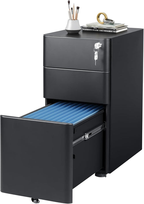 Black 3 Drawer Lockable File Cabinet 45x30x59cm Mobile Steel