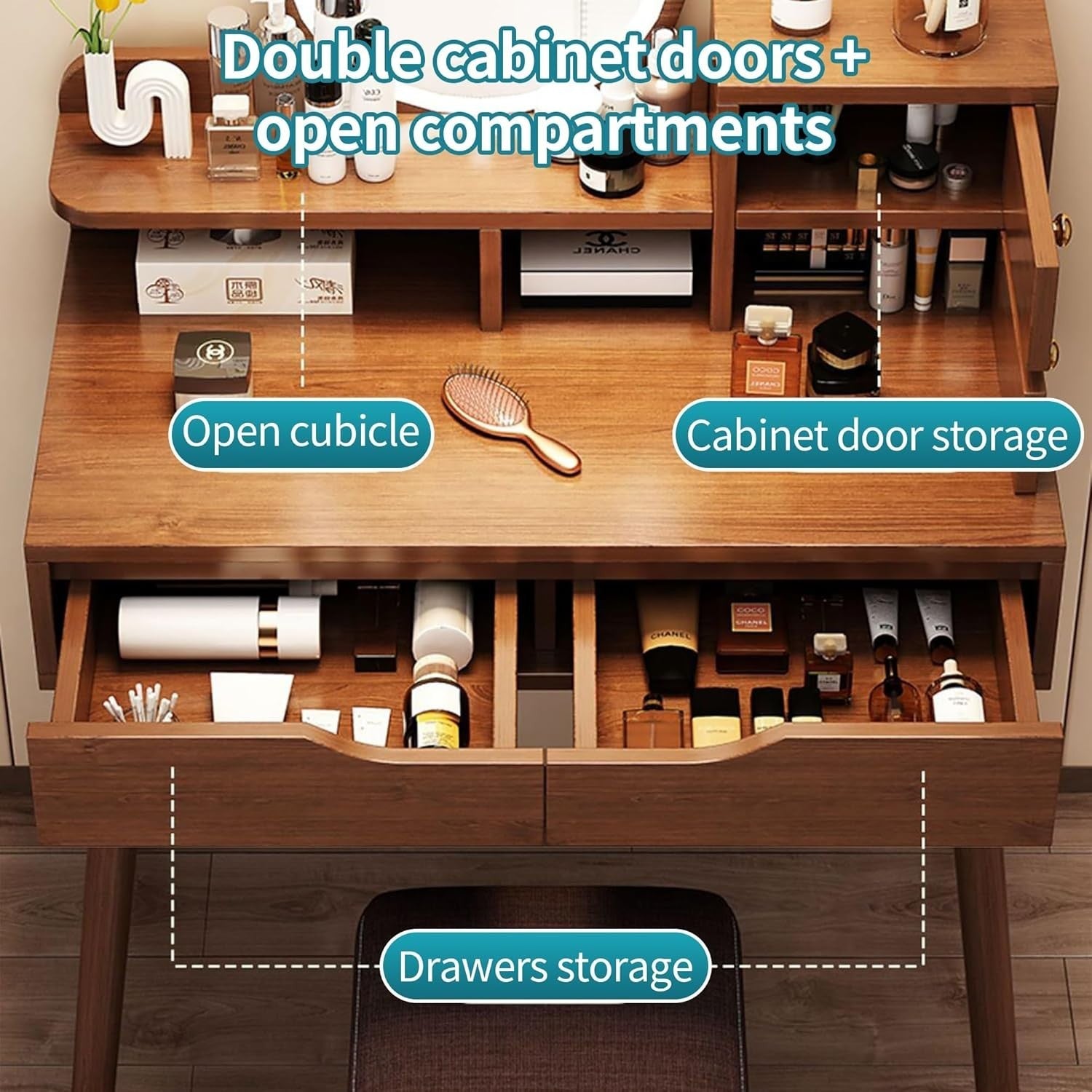 Vanity Makeup Dressing Table Desk w/LED Mirror & Storage Drawers Walnut Wood