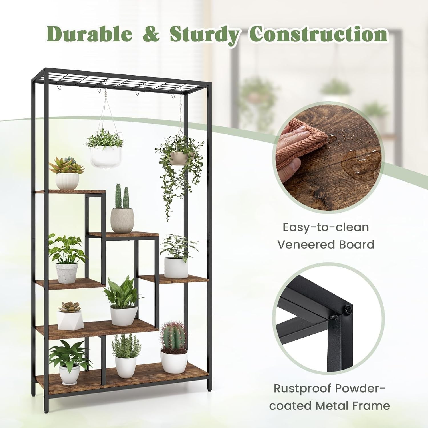 6-Tier Tall Metal Plant Stand with Hooks, Indoor Flower Shelf Display Rack 180cm
