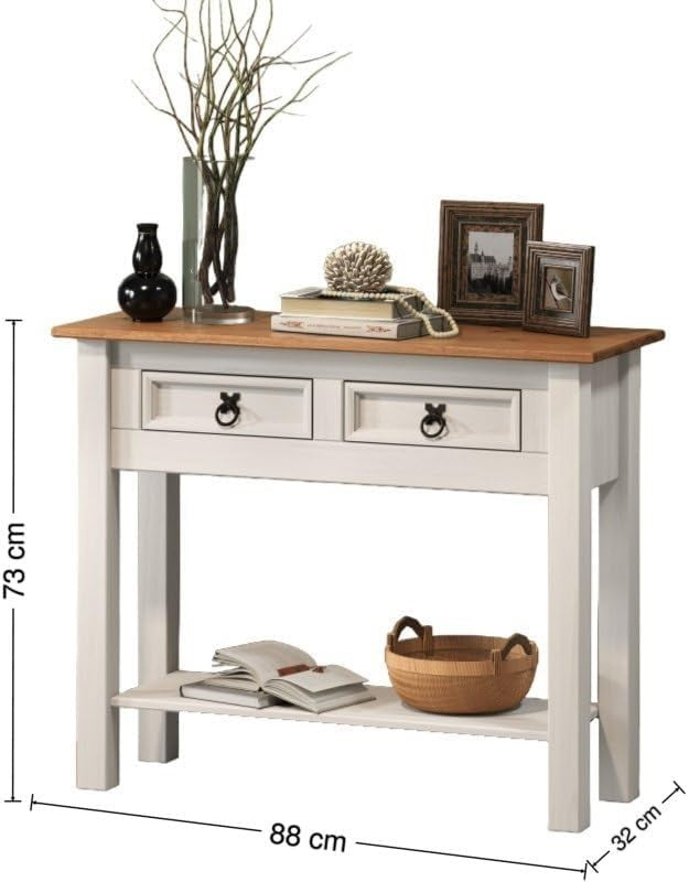 White Pine Wood Console Table with 2 Drawers & Shelf – Stylish & Sturdy