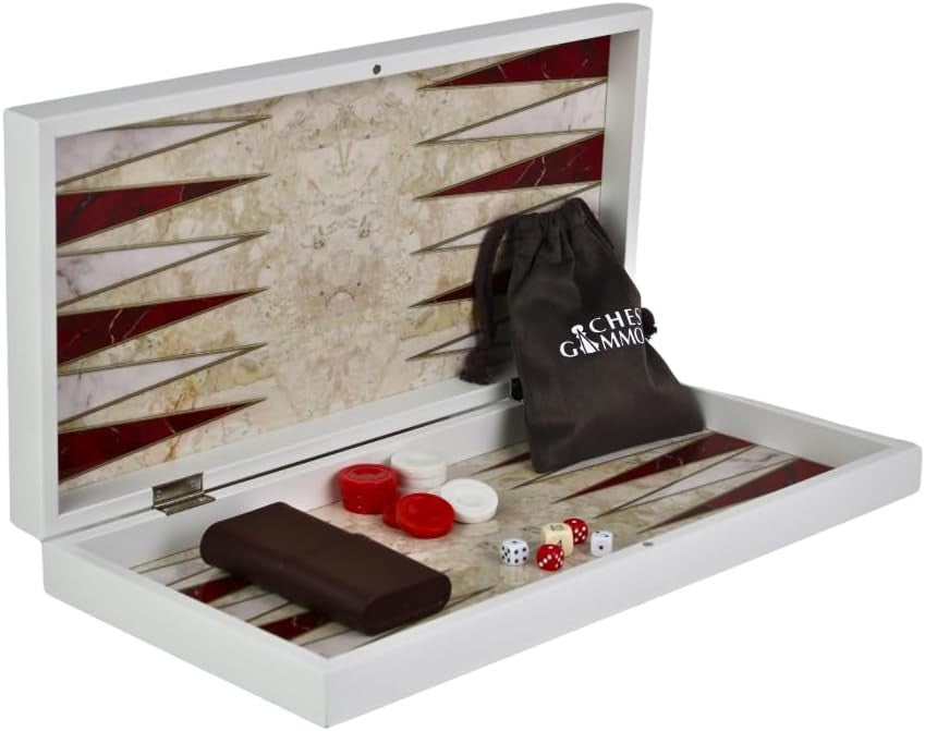 19 Inch Wooden Backgammon Set Red Marble Design Luxury Folding Board