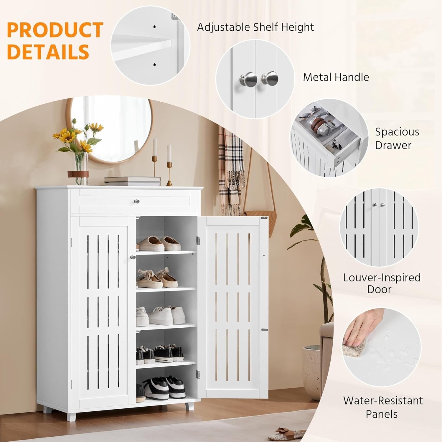 5-Tier Shoe Cabinet White with Drawer – Adjustable Shelves, Modern Storage