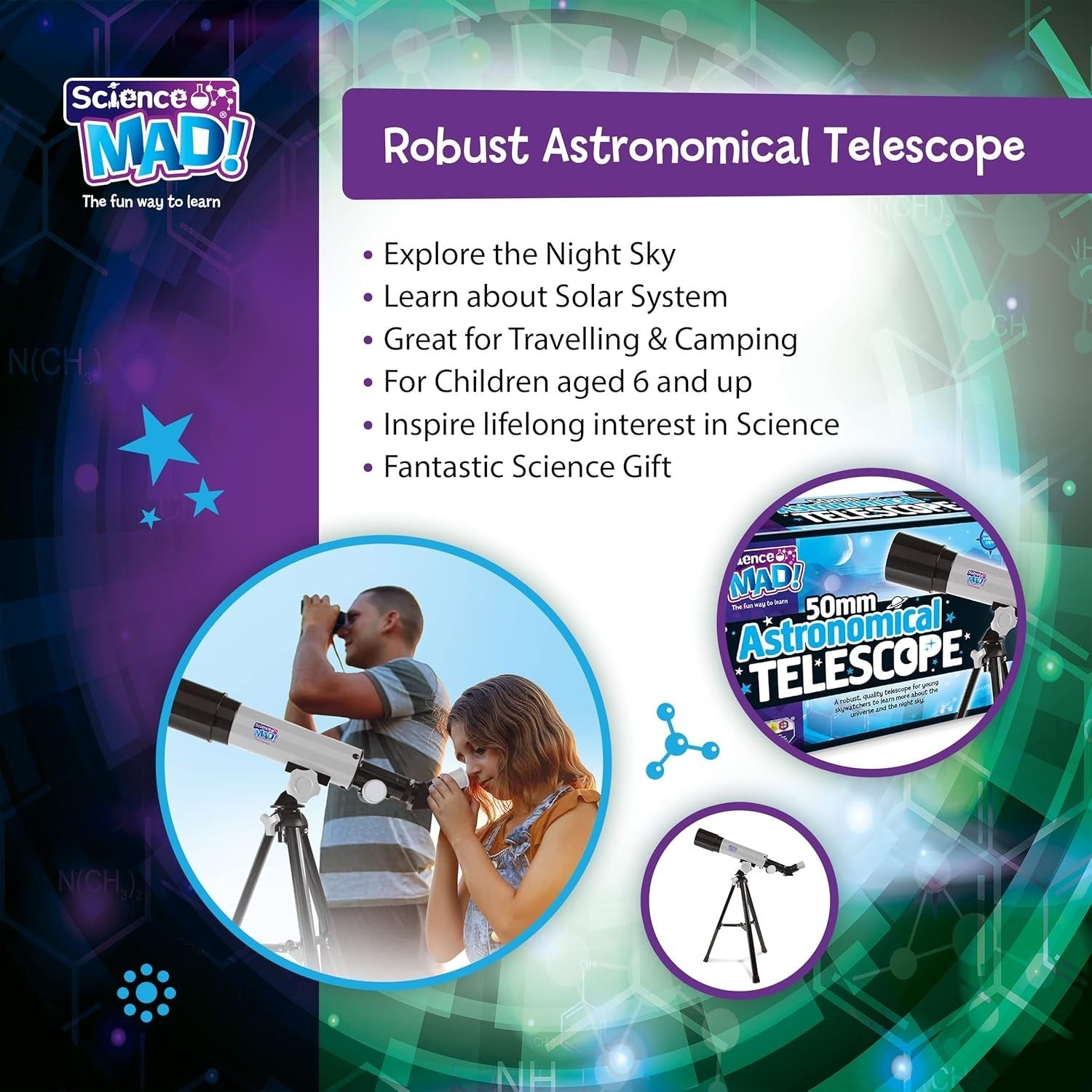 50mm Kids Astronomical Telescope 18x–90x Tripod Easy Beginner Space Scope