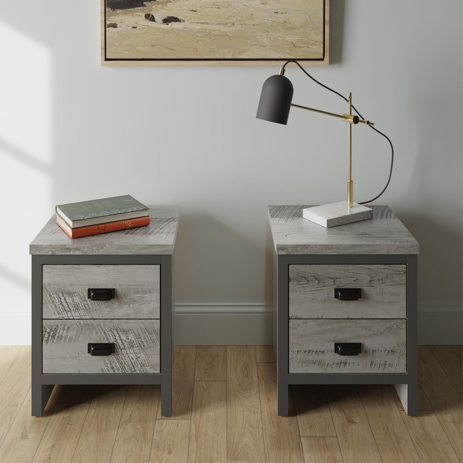Pair of Grey 2 Drawer Bedside Tables | Modern Wood Nightstands with Shelf
