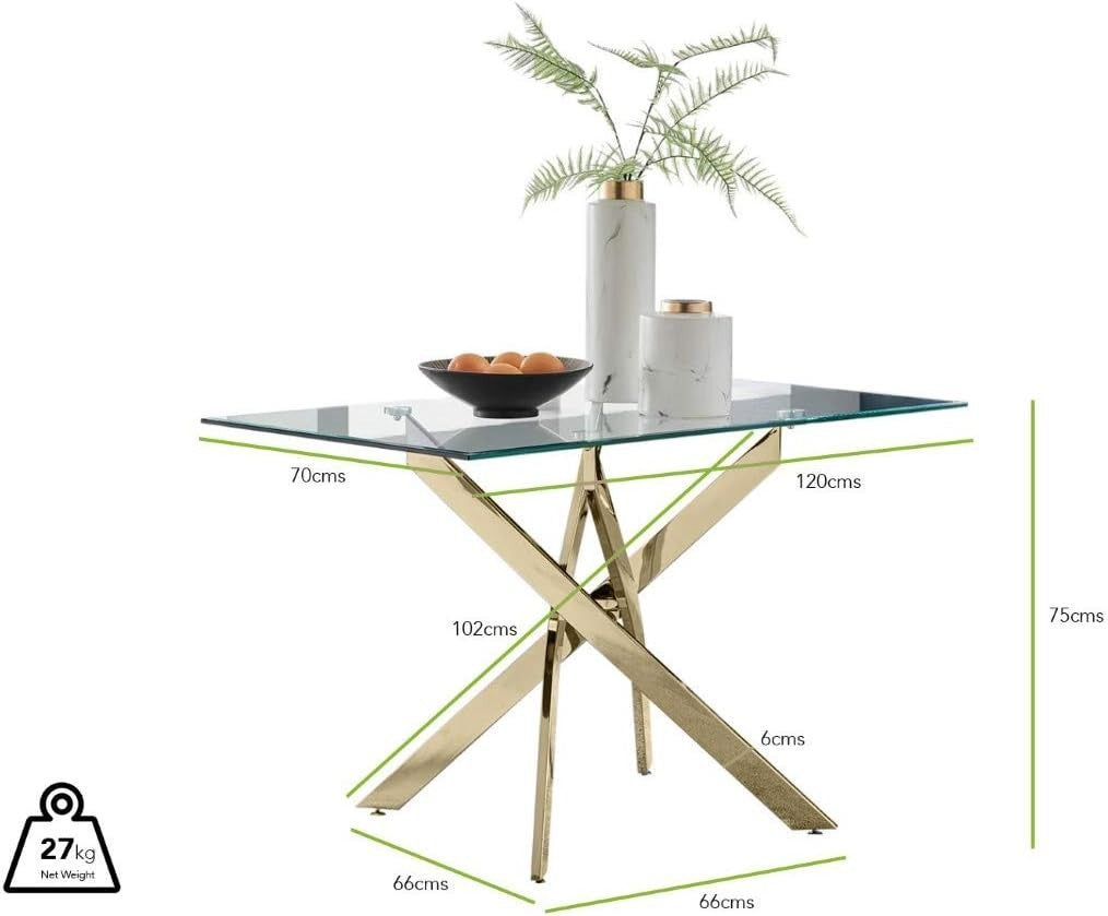 Rectangular Glass Dining Table 120x70x76cm Gold Starburst Legs 4-Seater