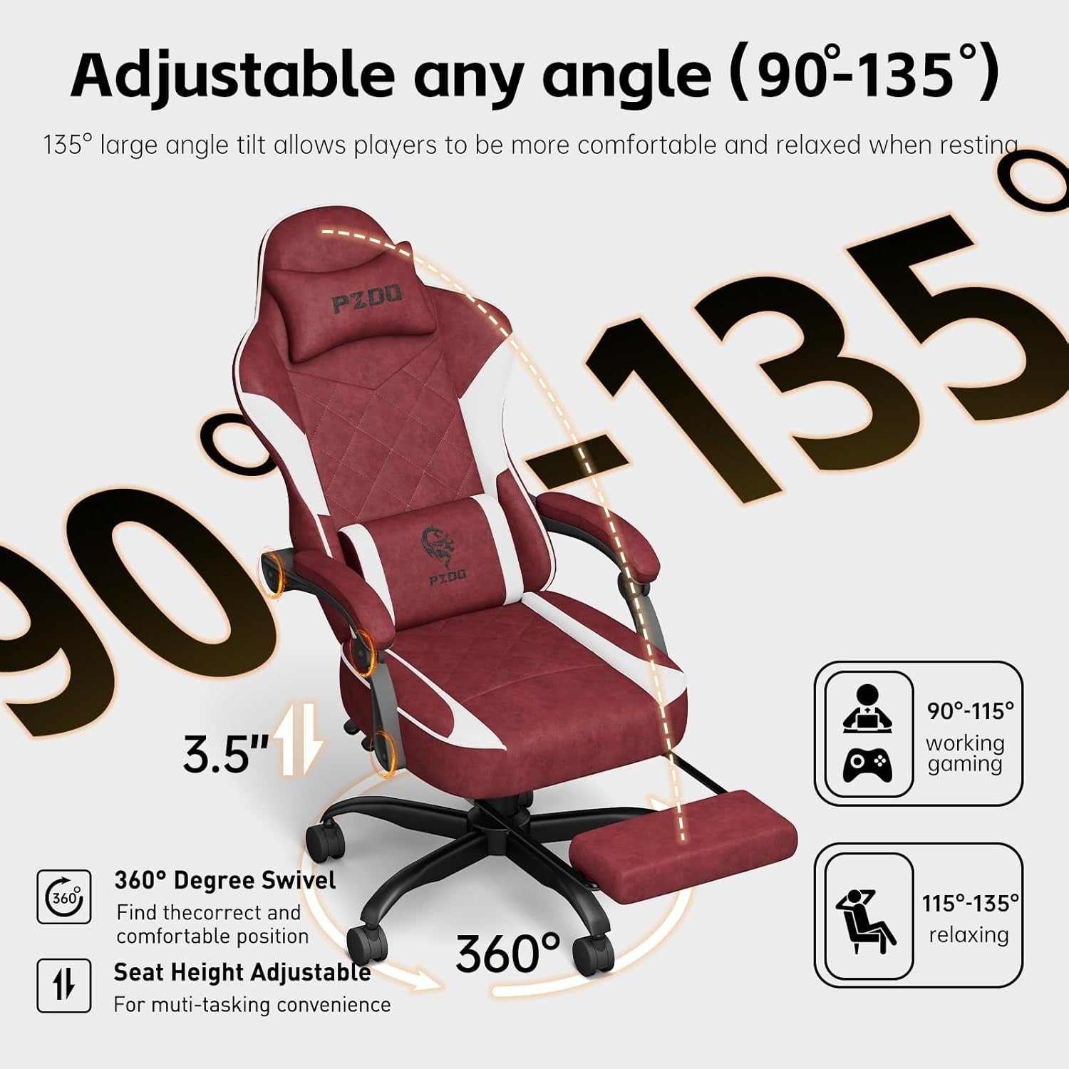 Ergonomic Red Gaming Chair Recliner w/Footrest, Memory Foam Seat, Adjustable Hei