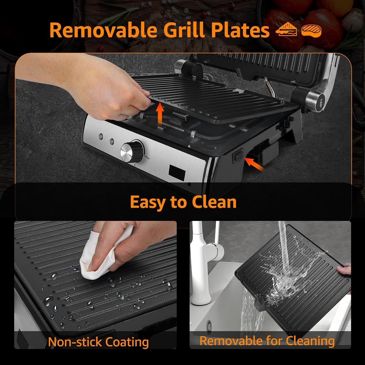 2000W Panini Press Sandwich Toaster Grill 180° Removable Plates