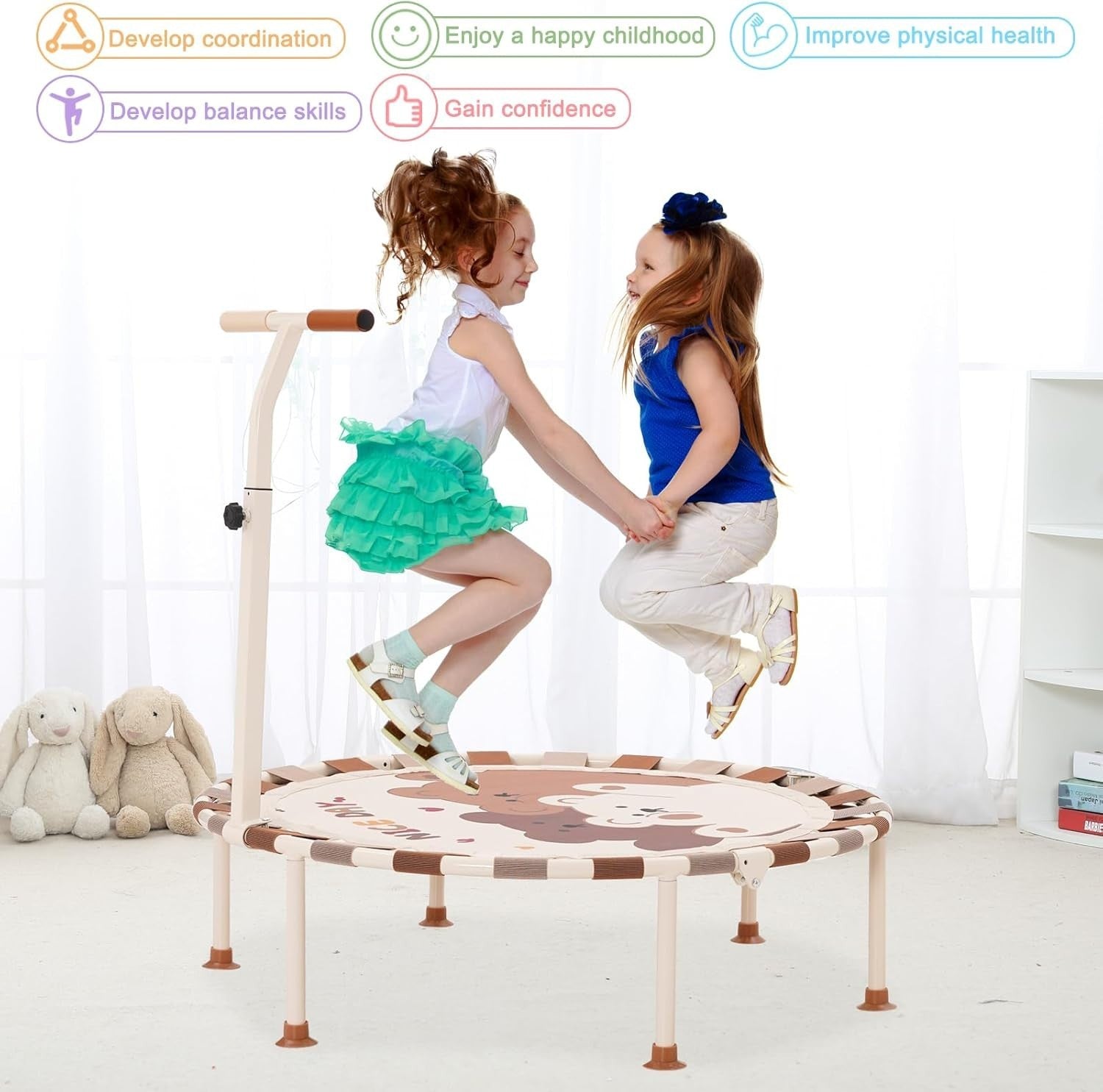 40'' Kids Trampoline Foldable Noise-Free with Safety Handle Indoor Outdoor