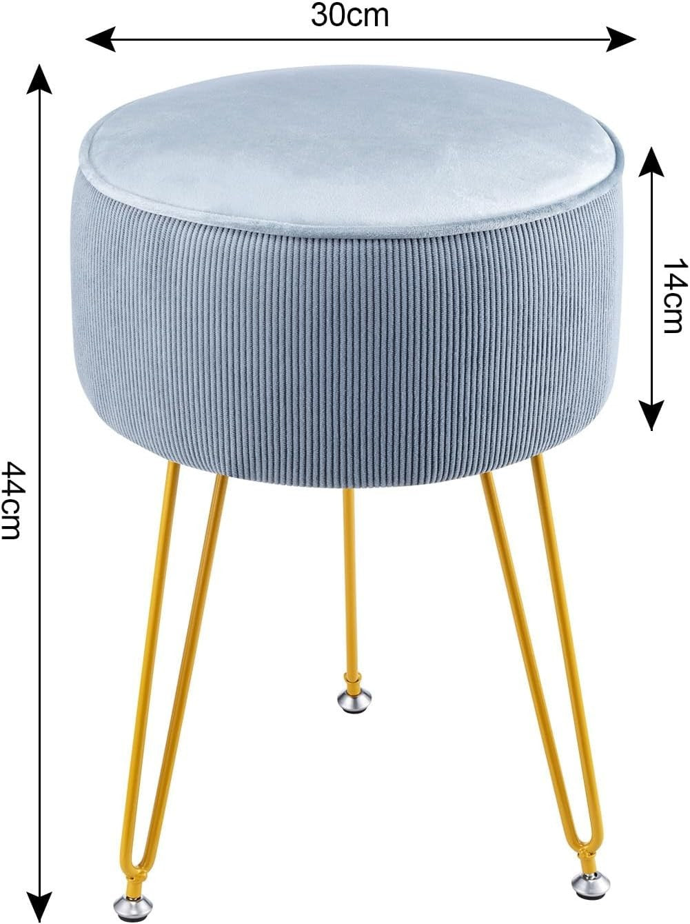 Blue Round Velvet Dressing Table Stool – Padded Vanity Seat with Golden Legs