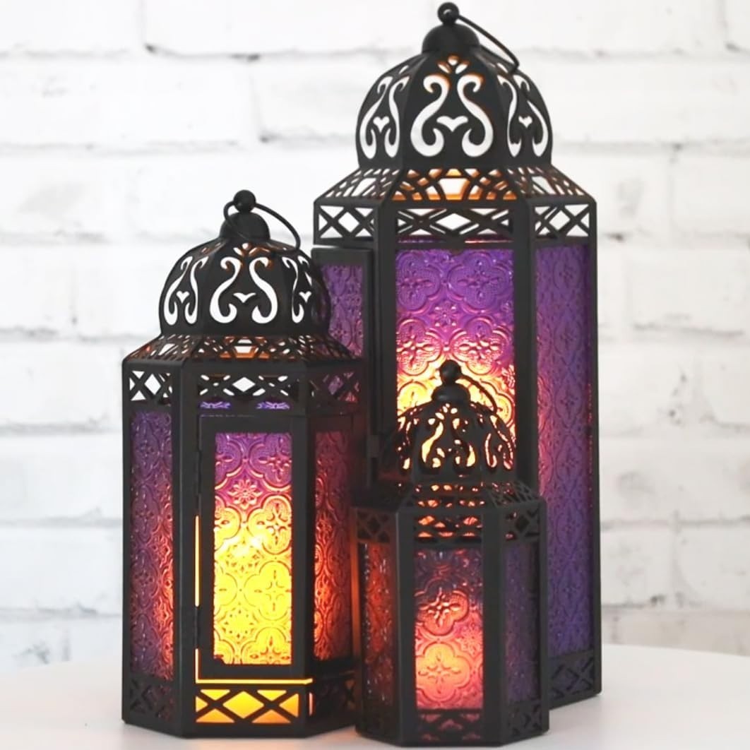 Set of 3 Purple Moroccan Candle Lanterns Home Decor