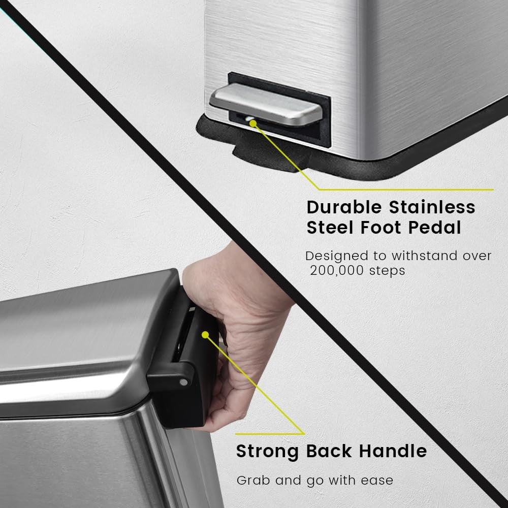 17L Stainless Steel Kitchen Pedal Bin Soft Close Lid Silver