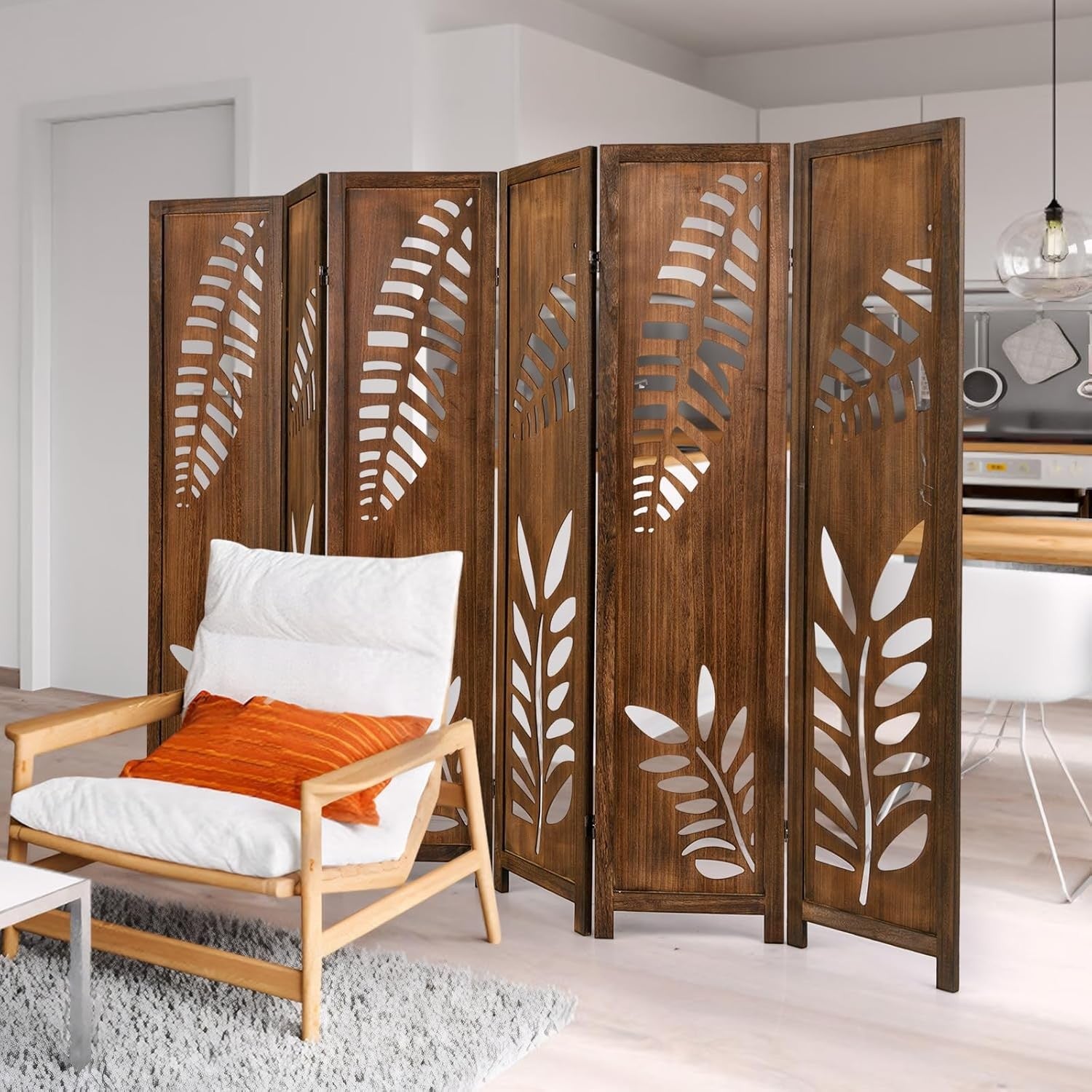 6 Panel Brown Carved Wood Room Divider Leaf Design Folding Privacy Screen