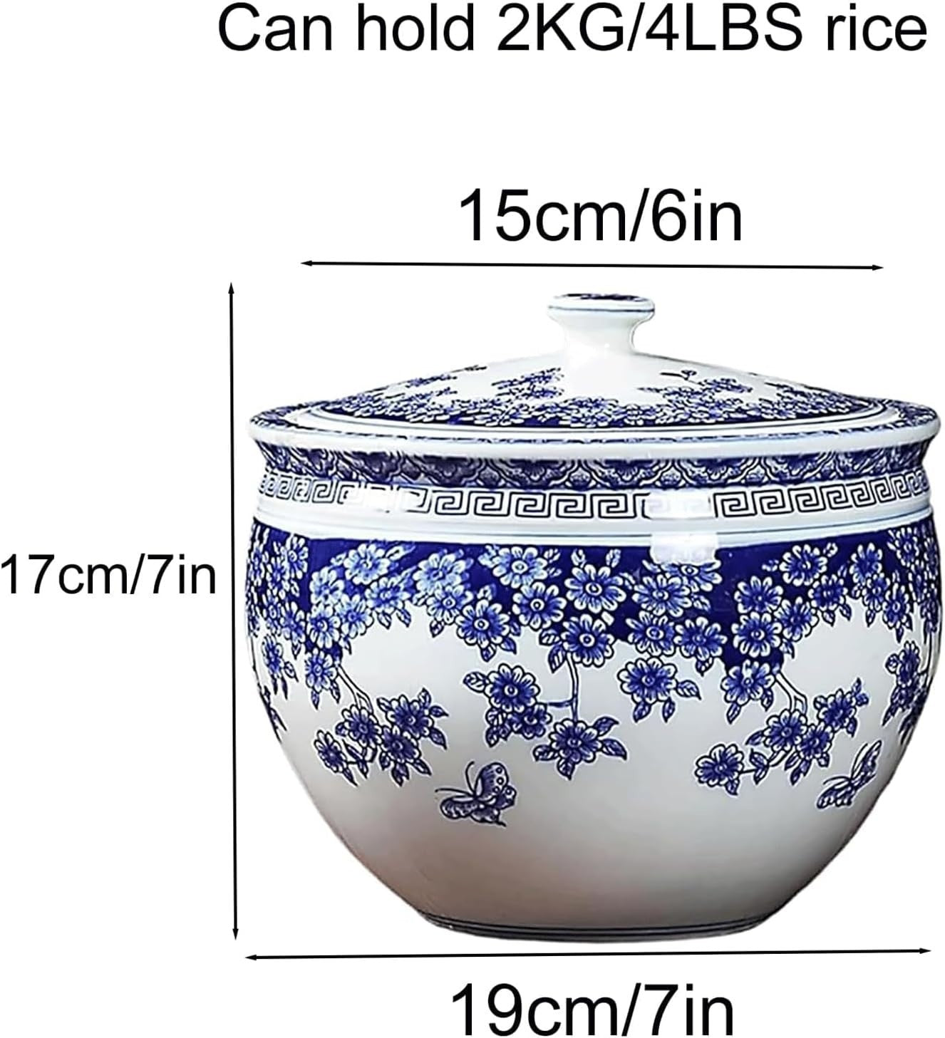 Blue Ceramic Rice Storage Jar Airtight Grain Container with Lid