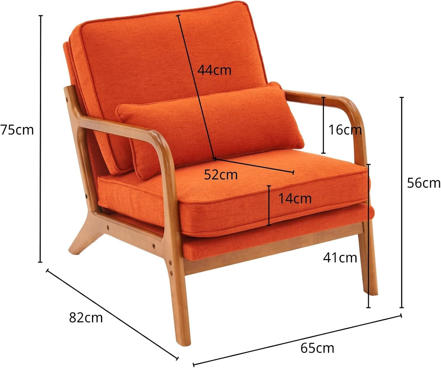 Mid Century Orange Lounge Chair Oak Frame Linen Seat for Living Room