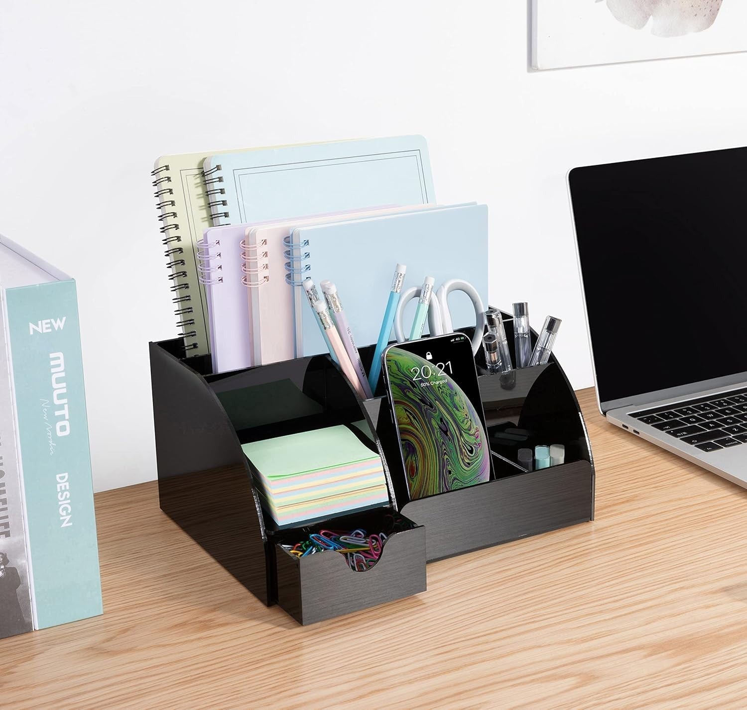 Acrylic Desk Organizer with Drawer, 9 Compartments for Office Supplies Black