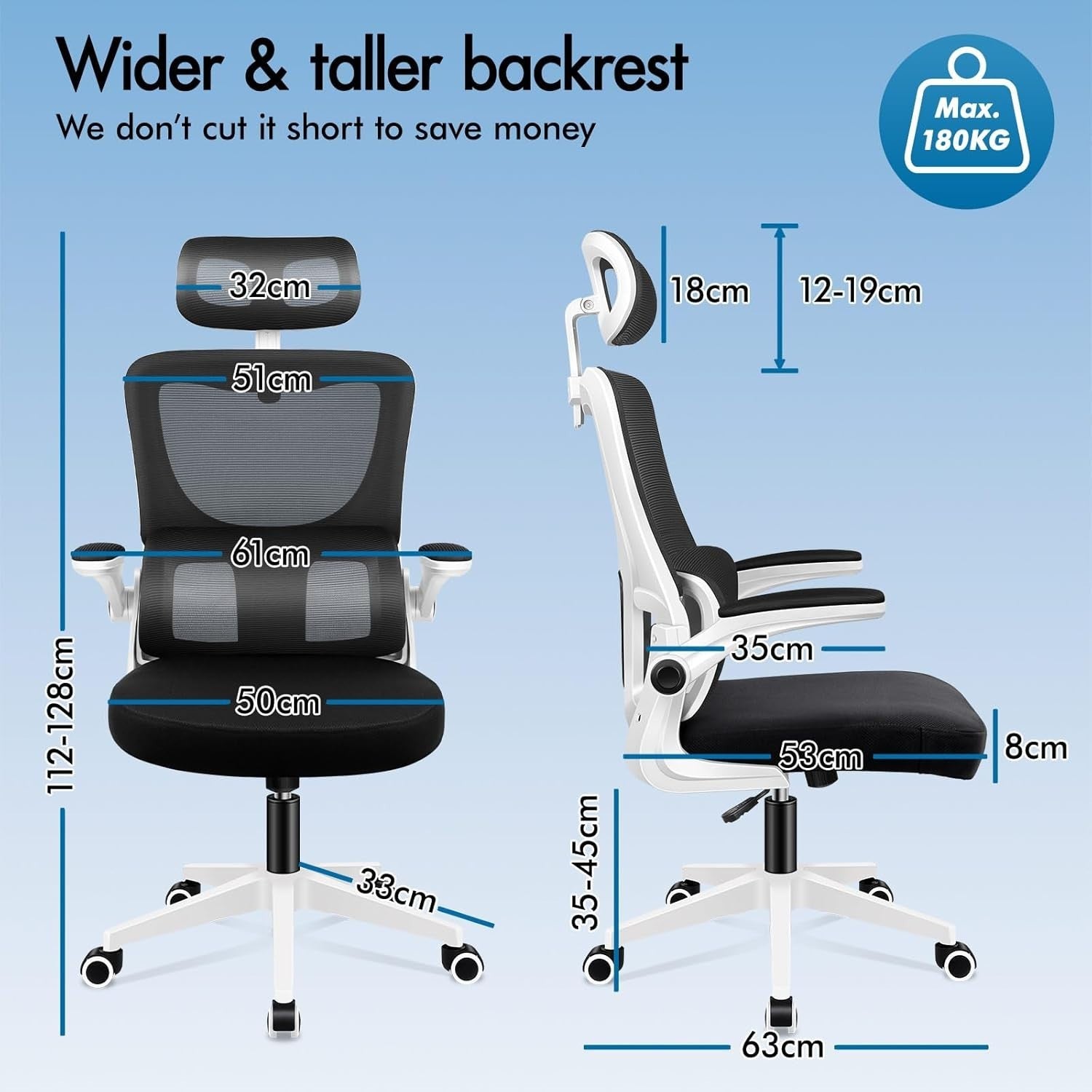 Ergonomic Office Chair Mesh Back High-Back Computer Desk Flip-Up Arms Black