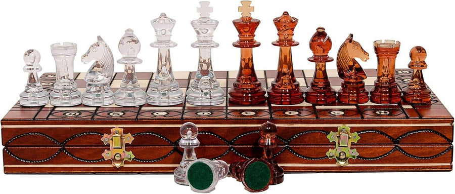 40cm Wooden Chess Set Amber Pieces | Foldable Board | Elegant Staunton Design