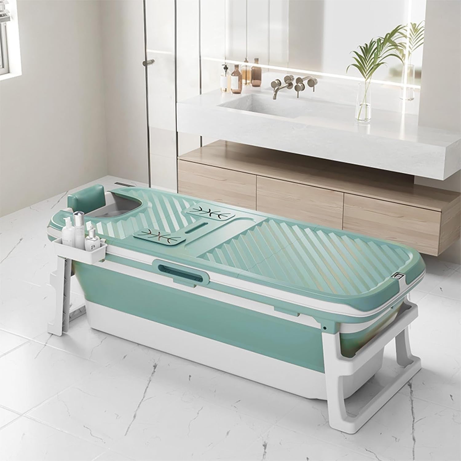 Portable Foldable Adult Bathtub 153x54x61cm Blue Freestanding Spa Bath with Lid