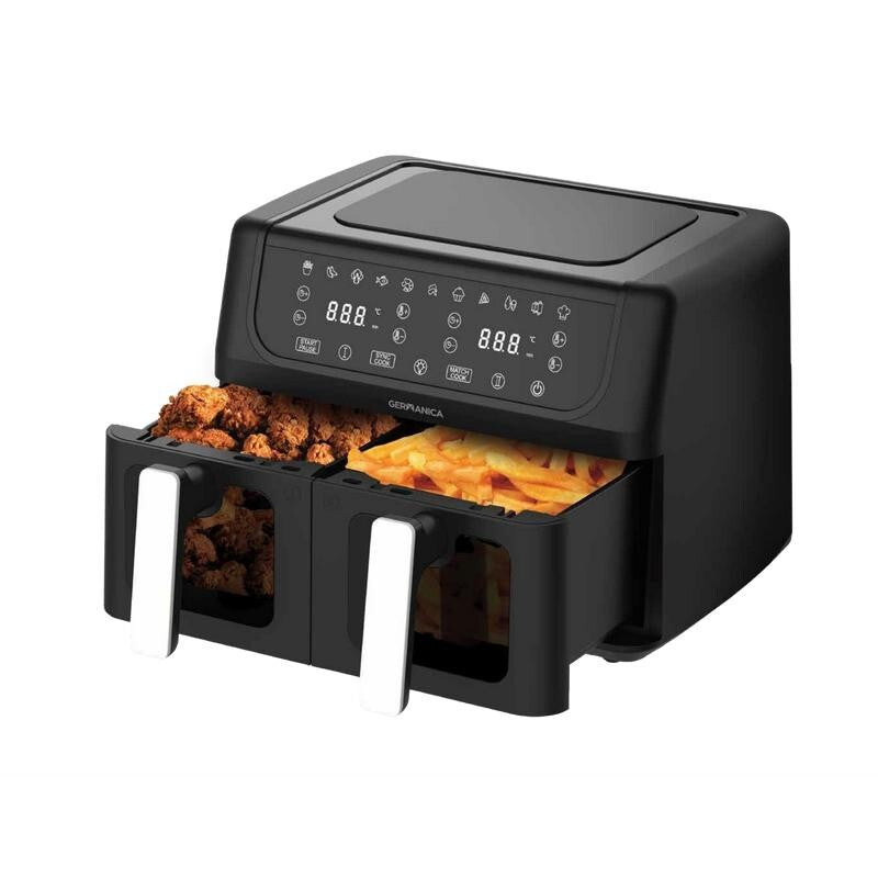 9L Dual Drawer Air Fryer Touch LCD 2400W Sync Cook Glass Window 11 Presets