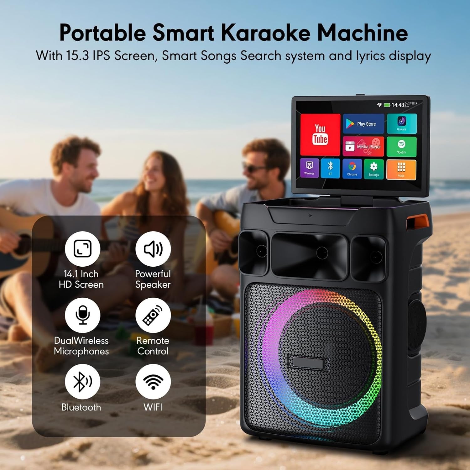 Black Smart Karaoke Machine 14.1" Screen 400W Speaker 2 Mics