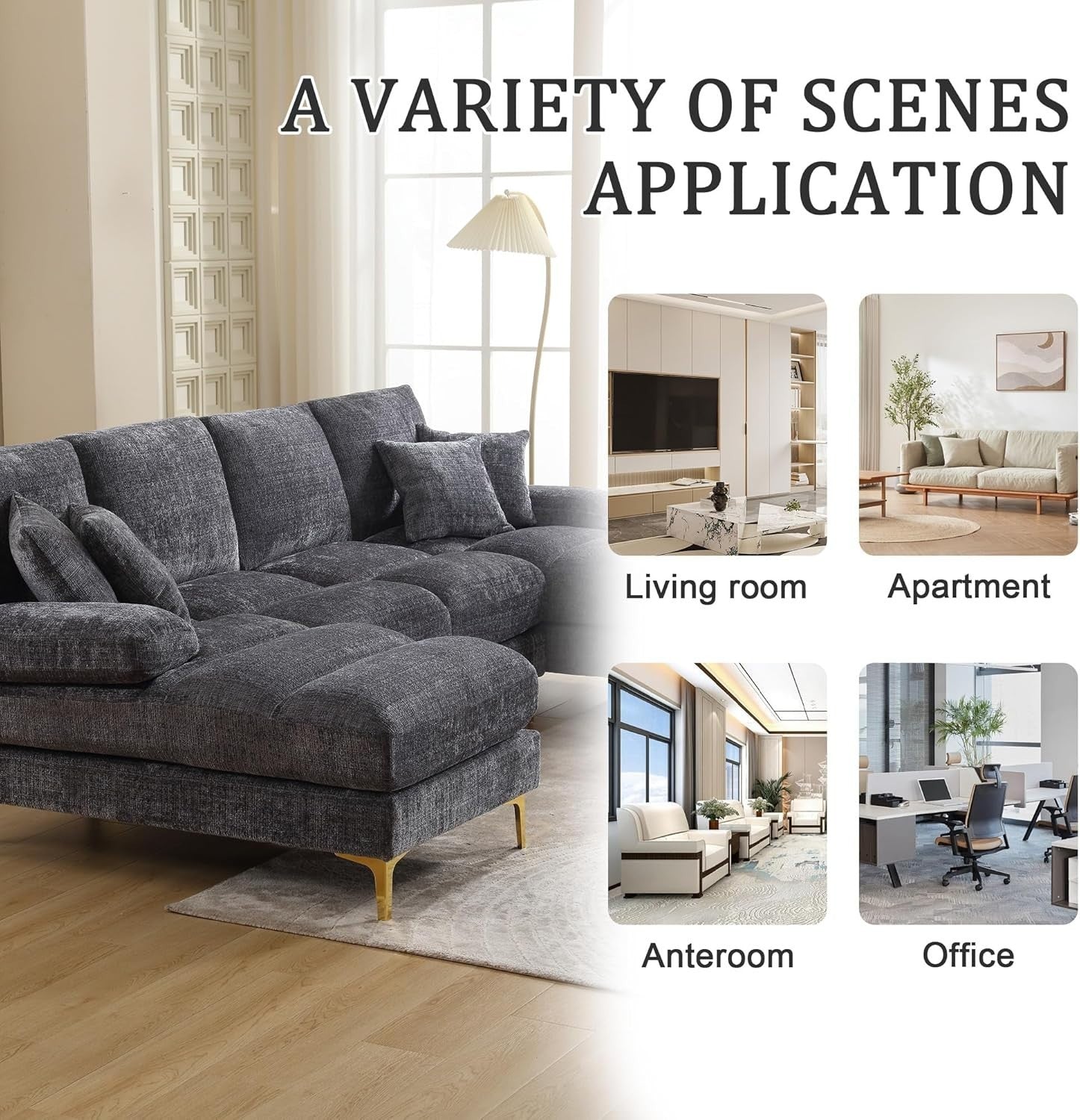 4 Seater U-Shaped Sofa Grey Chenille Sectional with 2 Chaise Lounges