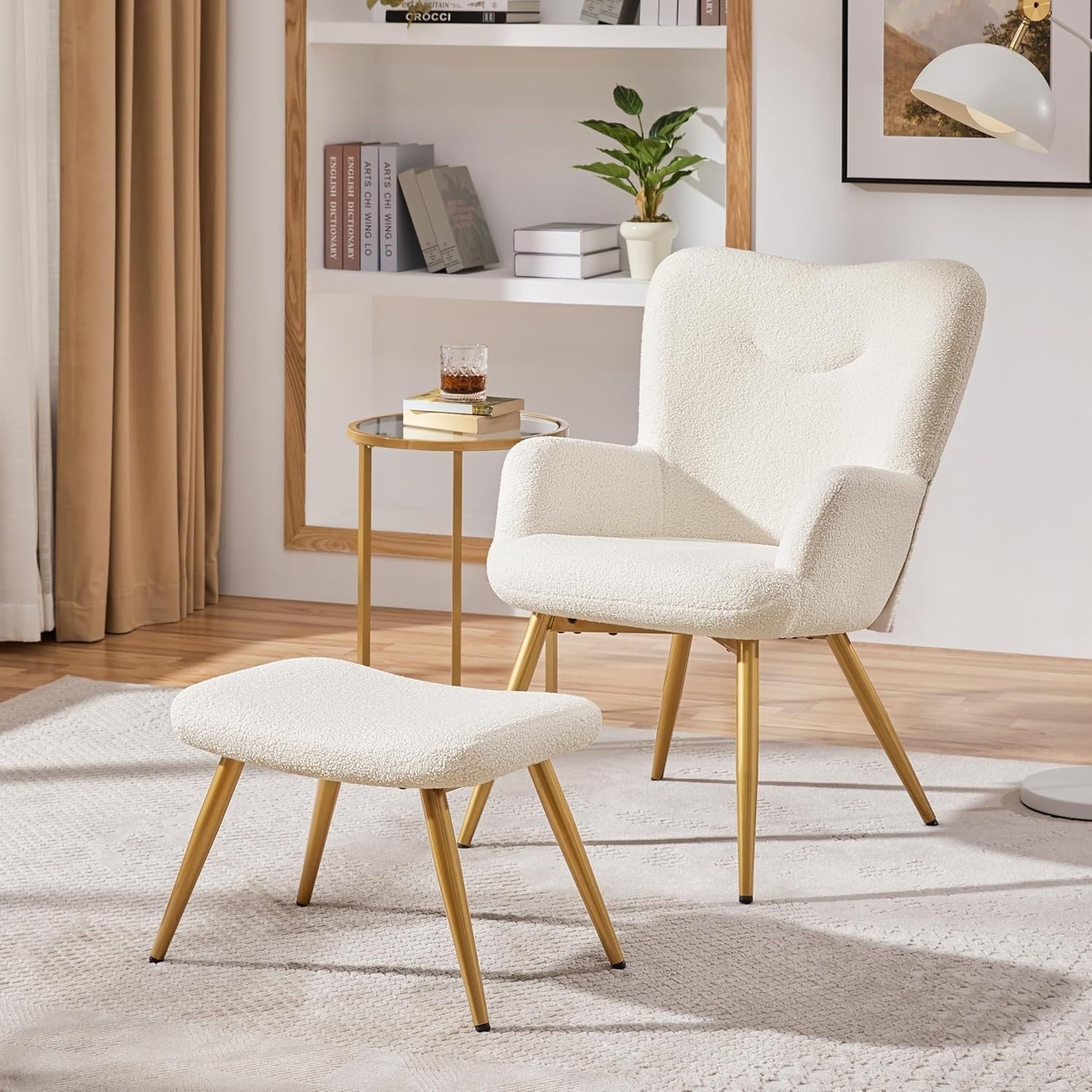 Cozy Ivory Boucle Armchair & Ottoman Set | Plush Lounge Chair with Metal Legs