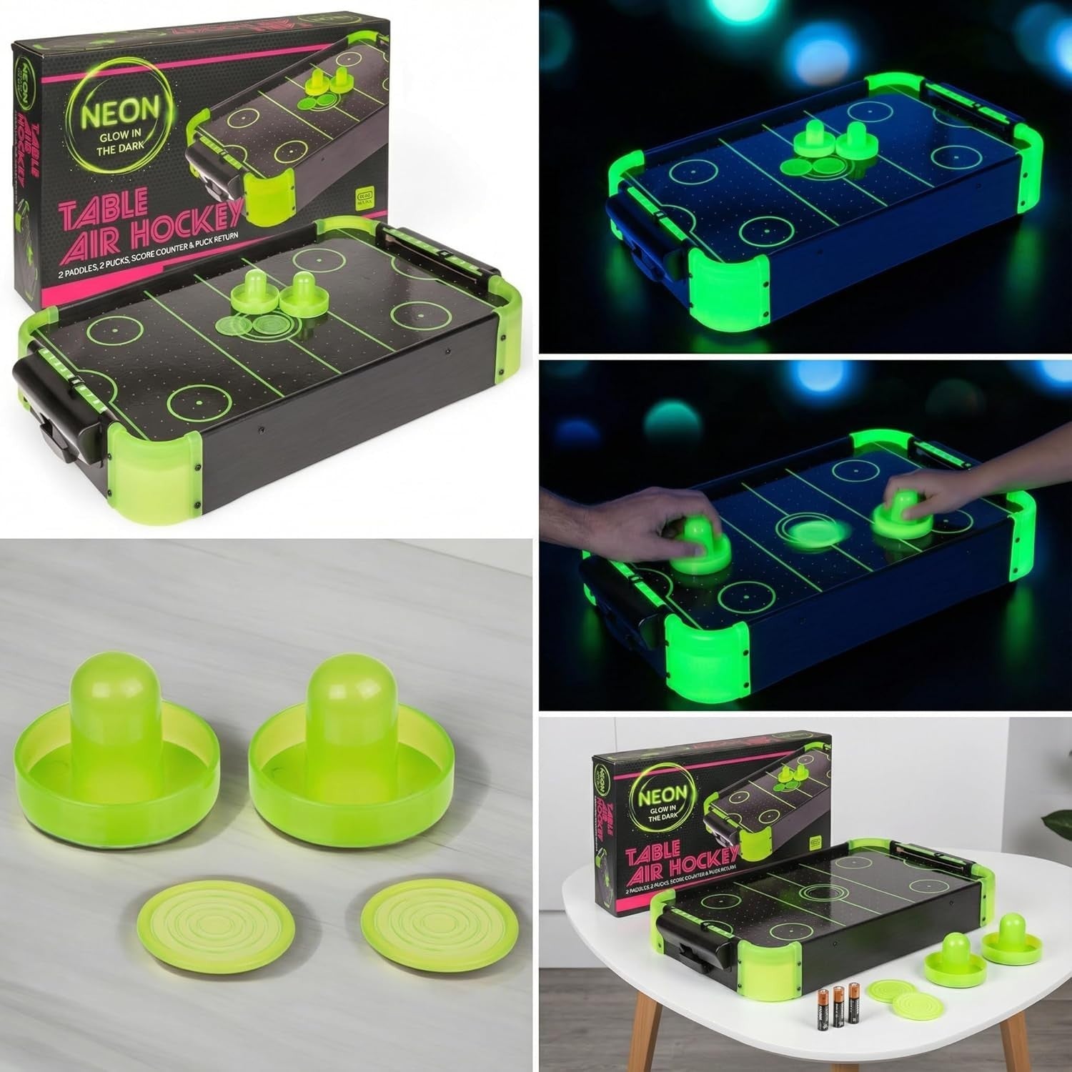 Glow in the Dark Tabletop Air Hockey Game Neon Arcade Fun