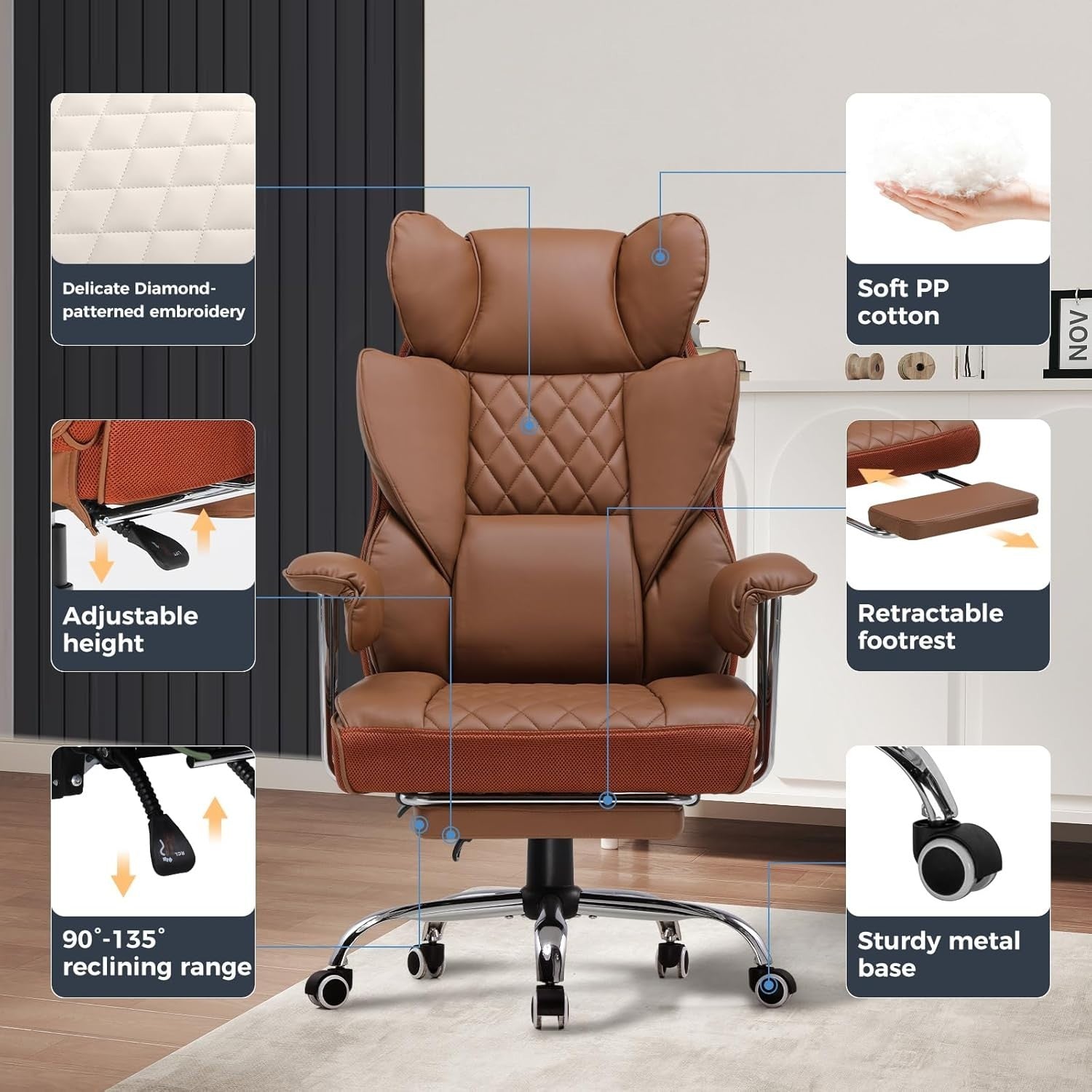 High Back Gaming Chair Ergonomic Swivel Recliner Office Seat Footrest Brown