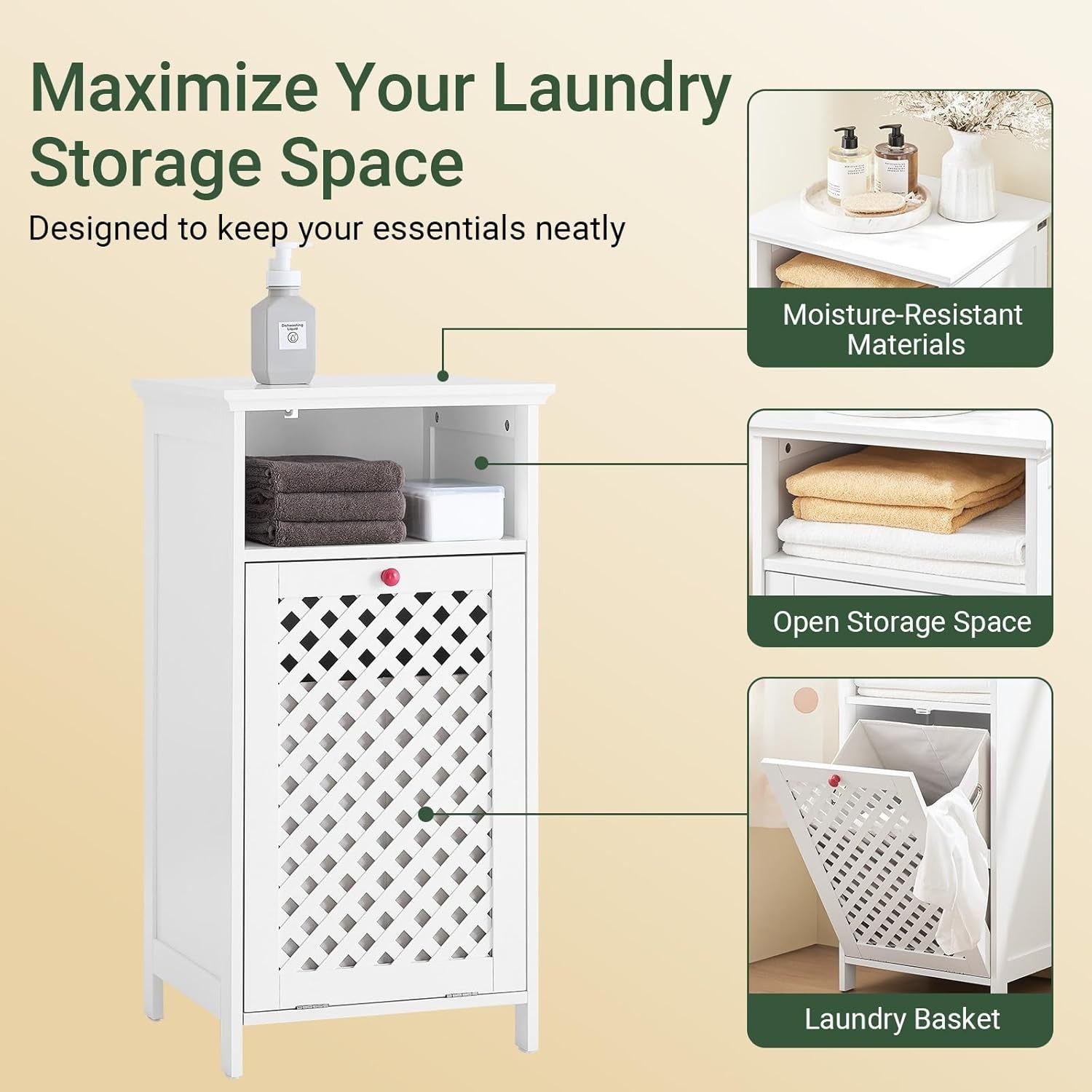 White Bathroom Laundry Cabinet with Tilt Basket & Open Shelf Slim Unit 87cm
