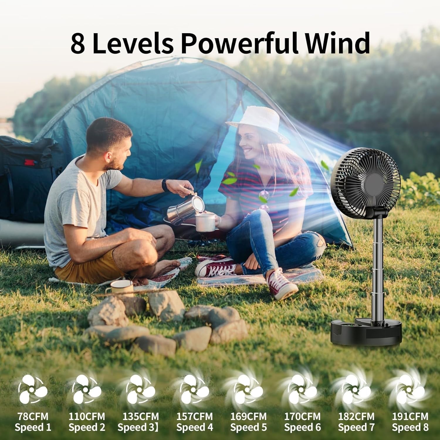 20000mAh Foldable Fan – 8-Speed Rechargeable Floor & Desk Fan with LED Remote