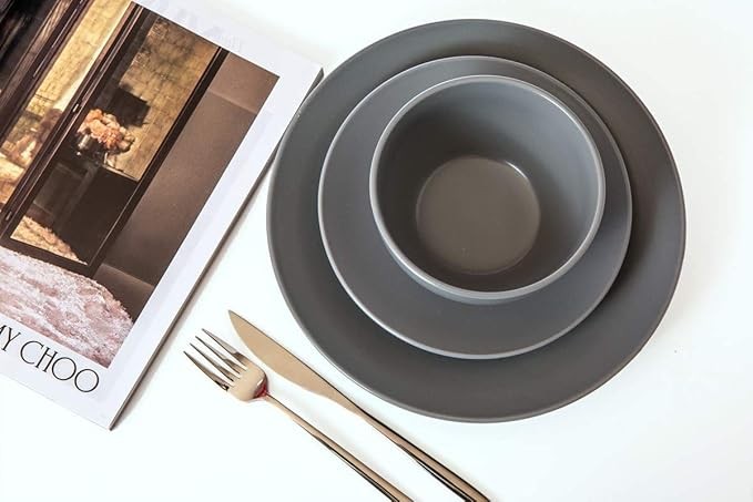16 Piece Stoneware Dinner Set for 4 Plates Bowls Mugs Grey