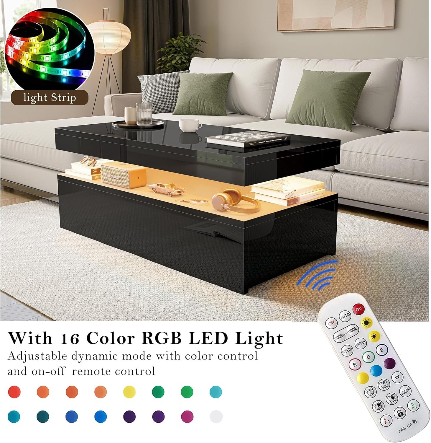 High Gloss Rectangle Coffee Table with 2 Drawers & RGB LED Lights 94x47x38cm