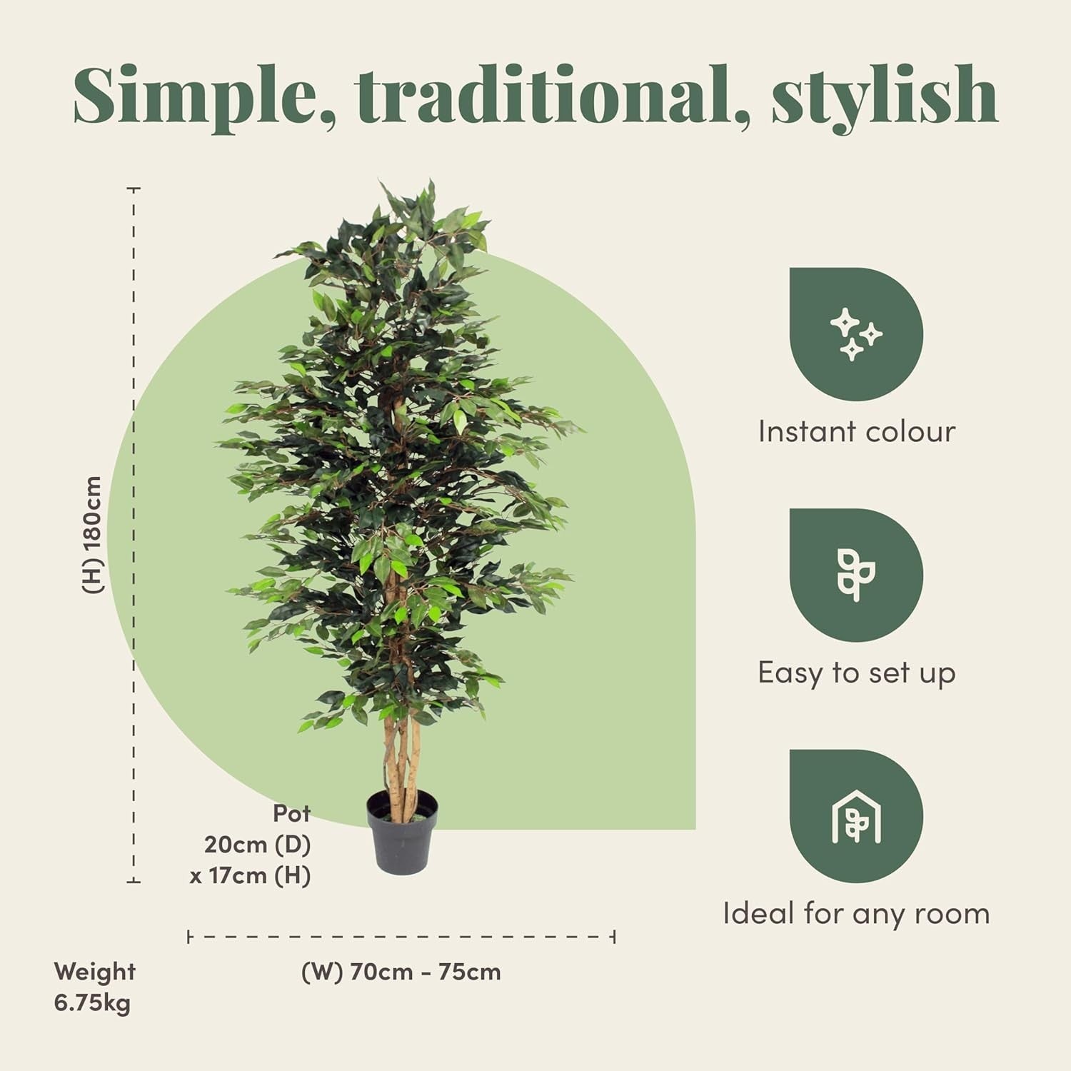 6ft Ficus Tree in Weighted Pot Faux Realistic Green Indoor Home Decoration