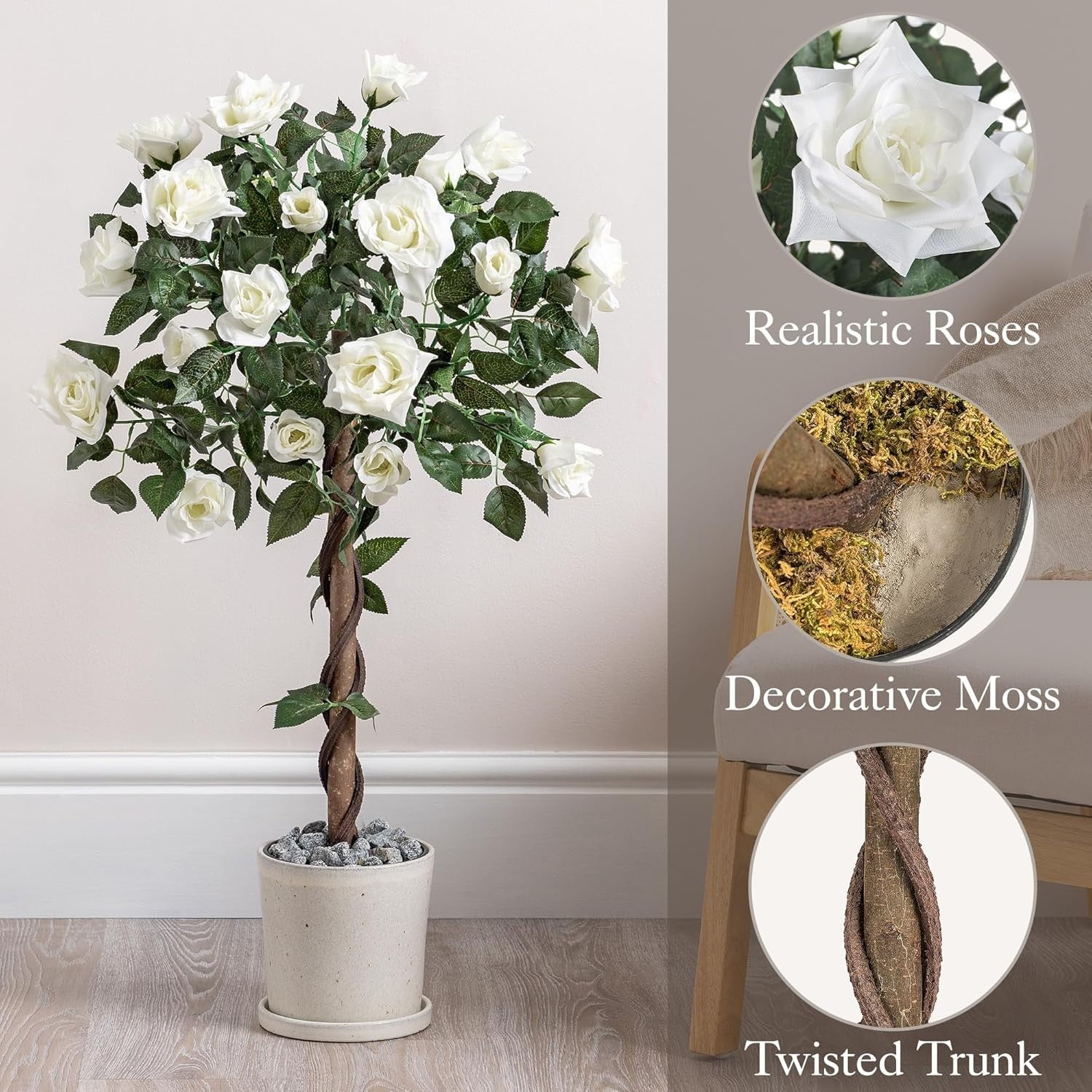 3ft Artificial Cream Rose Trees 2-Pack Twisted Trunk Potted Indoor Outdoor Decor