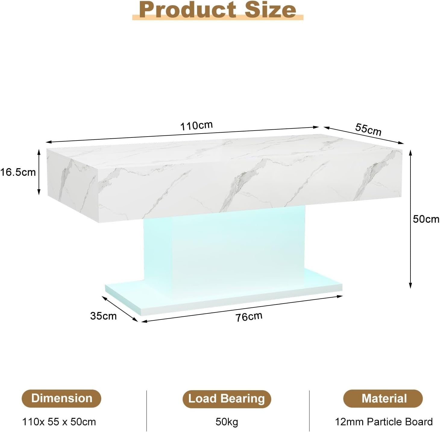 White Marble LED Coffee Table, High Gloss Rectangular 110x55cm