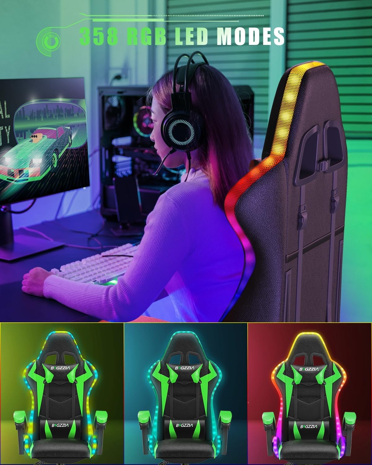 RGB Gaming Recliner PU Leather w/ Lumbar Headrest