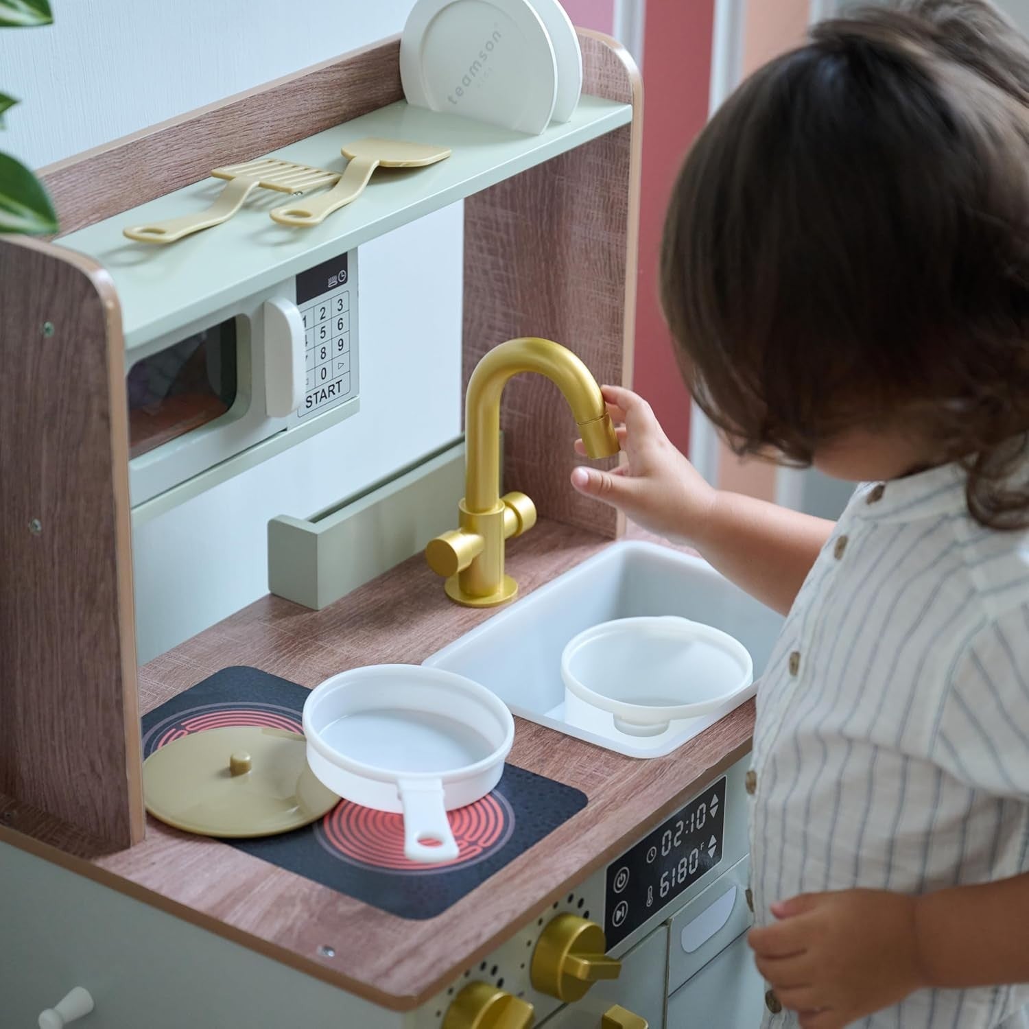 Wooden Kids Play Kitchen Green Mini Garden Washing Machine Toy Set
