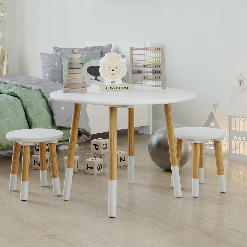 Kids Wooden Round White Table & 4 Chair Set, Durable Toddler Activity Desk