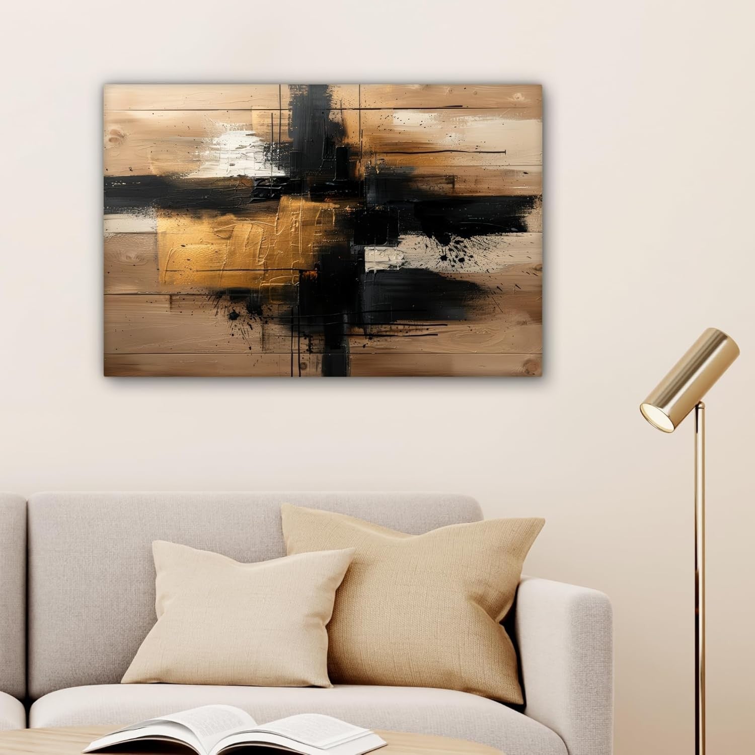 Abstract Gold Black Canvas Wall Art 60x40cm Framed Modern Decor